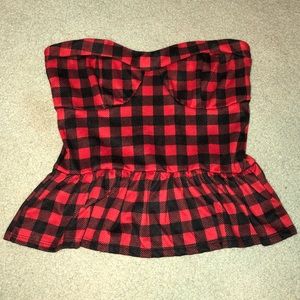 Red & Black Flannel Strapless Peplum